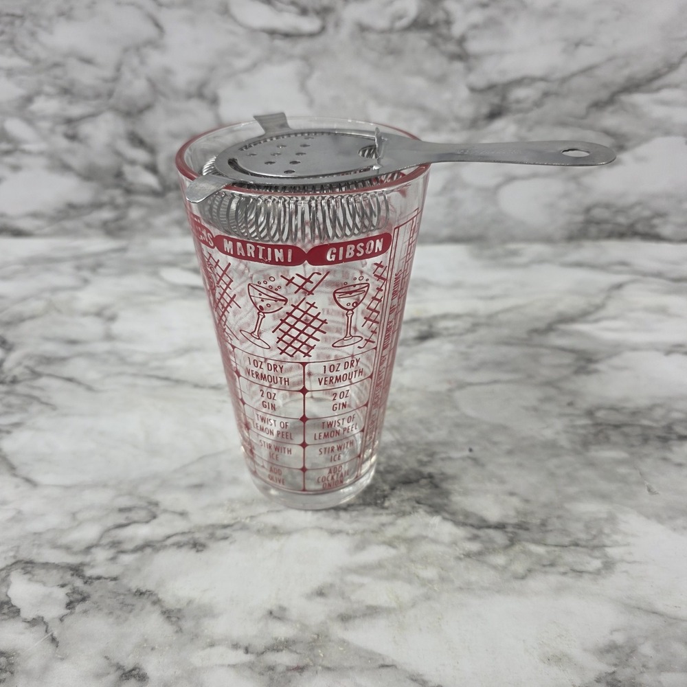 Vintage MCM Irvinware Drink Recipe Glass Cocktail Shaker Mixer Red 6" - W/lid